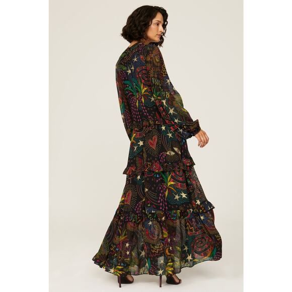 FARM RIO Black Amazonia High Neck Jungle Theme Ruffle Tiers Maxi Dress Size XS - Picture 3 of 16